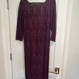Adrianna Papell Wine Floor Length Dress with Lace Detail